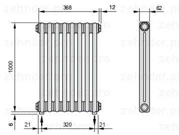 Схема (чертеж) Радиатор Zehnder Charleston 2100/8 №5310 Белый глянцевый RAL 9016